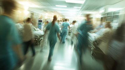 A busy and dynamic scene in the hospital emergency room, with doctors, nurses, and patients in action