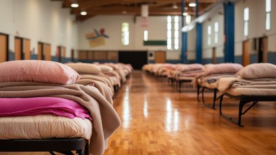 Emergency shelter cots in a gym, all neatly made with blankets and pillows, emphasizing care and order