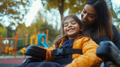 Mother and disabled child in a wheelchair candid inclusive diverse modern family